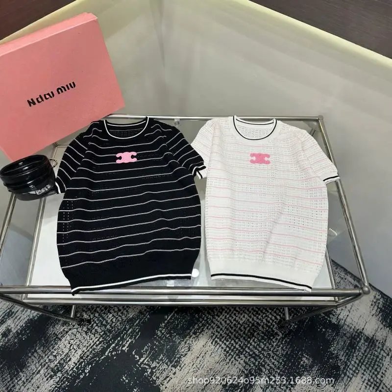 Miu Miu Knit Top White Pink Striped Logo Casual