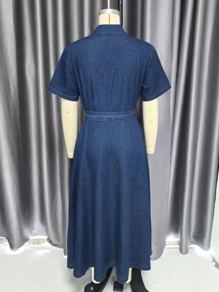 Design Denim Shirt Dress with Belted Waist in Deep Blue Dress - 12