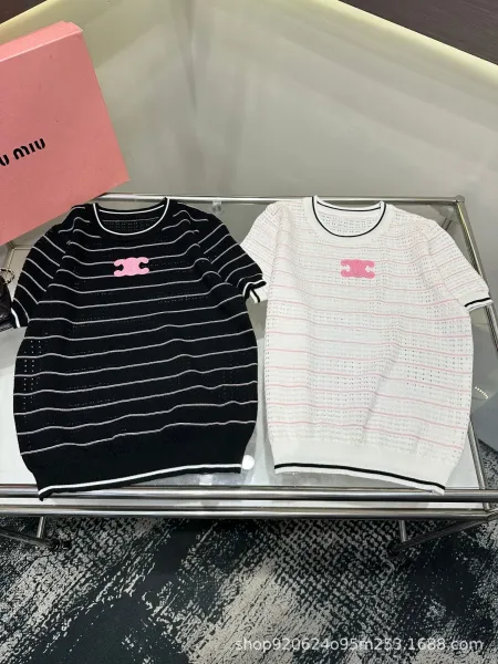 Chanel Pink CC Logo Striped Knit T-Shirt Black - 6