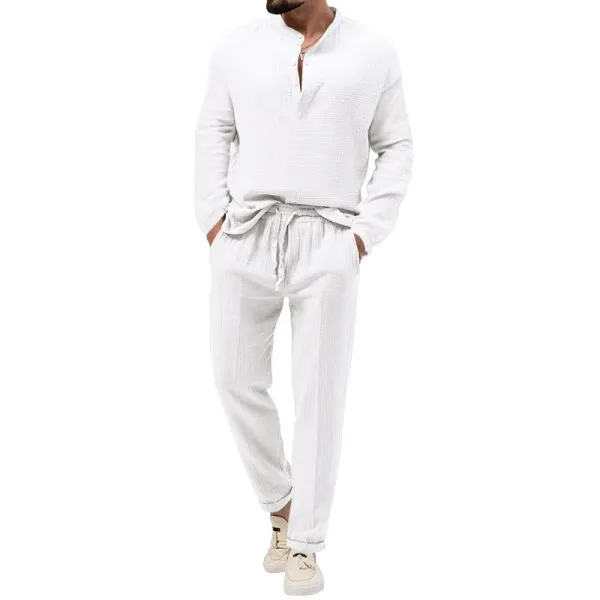 Design Linen-Blend Henley Set Beige Casual Set - 10