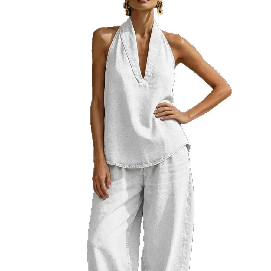Denim Halter Top And Wide Leg Pants Set Blue Casual