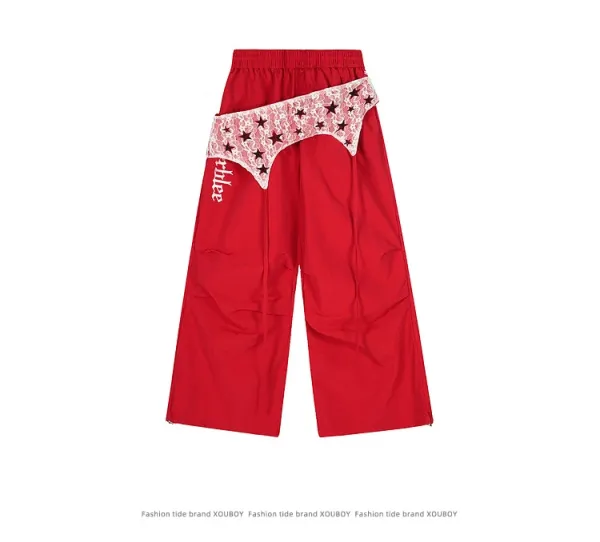 Design Lace-Overlay Wide-Leg Pants Red - 7