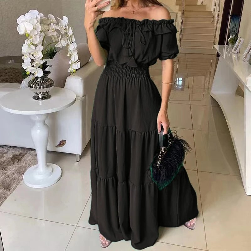 Off-Shoulder Ruffled Tiered Maxi Dress Black