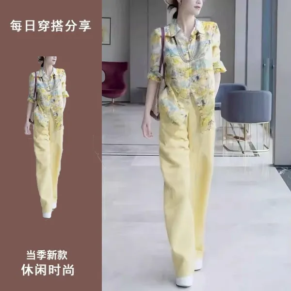 Design Floral Print Shirt and Wide-Leg Pants Set Yellow Multicolor - 2