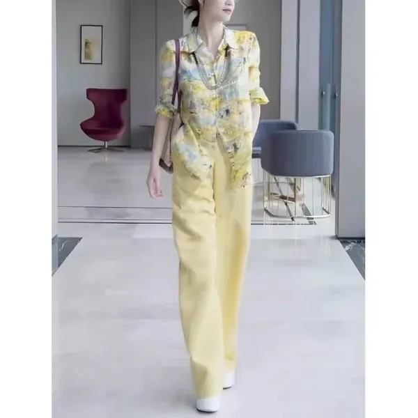 Design Floral Print Shirt and Wide-Leg Pants Set Yellow Multicolor - 3