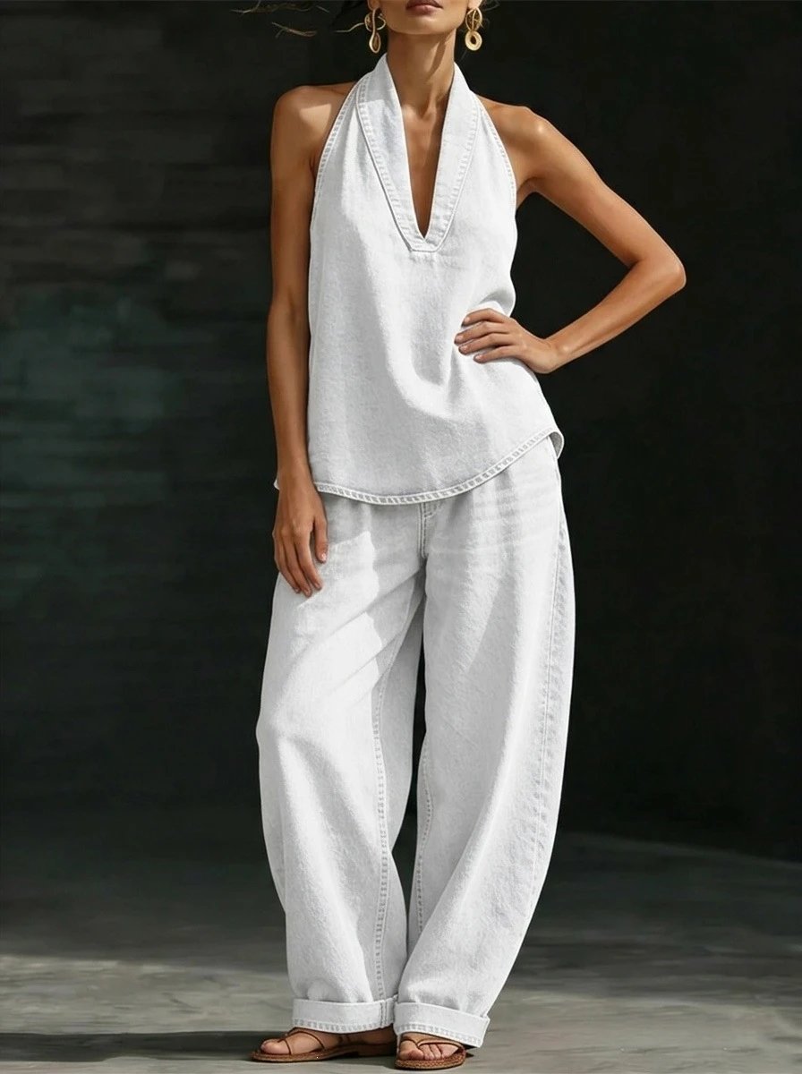 Design Denim Halter Top and Wide-Leg Jeans Set Blue Sets - 14