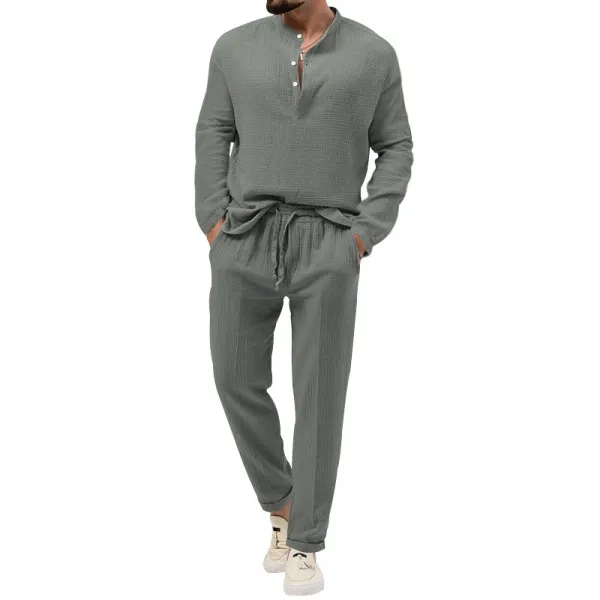 Design Linen-Blend Henley Set Beige Casual Set - 25