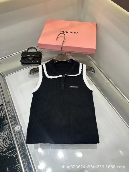 Miu Miu Ribbed Knit Sleeveless Polo Top White with Black Trim - 3