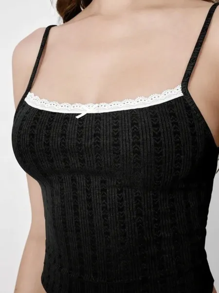 Design Lace-Trimmed Ribbed Cami Set Black Sleepwear - 9