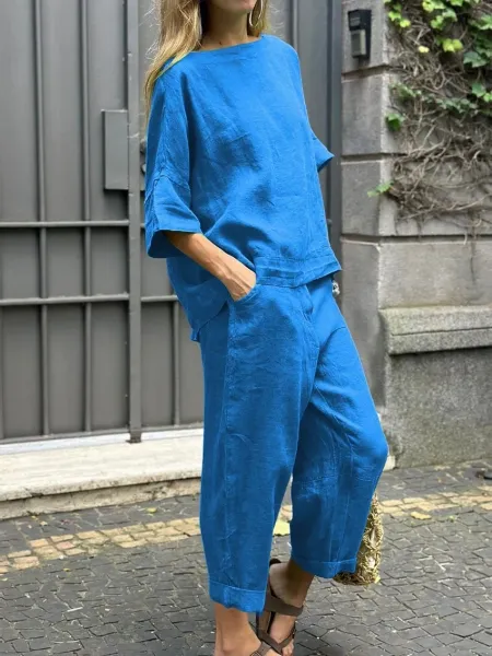 Design Loose Linen Set Gray Casual Top and Cropped Pants - 6