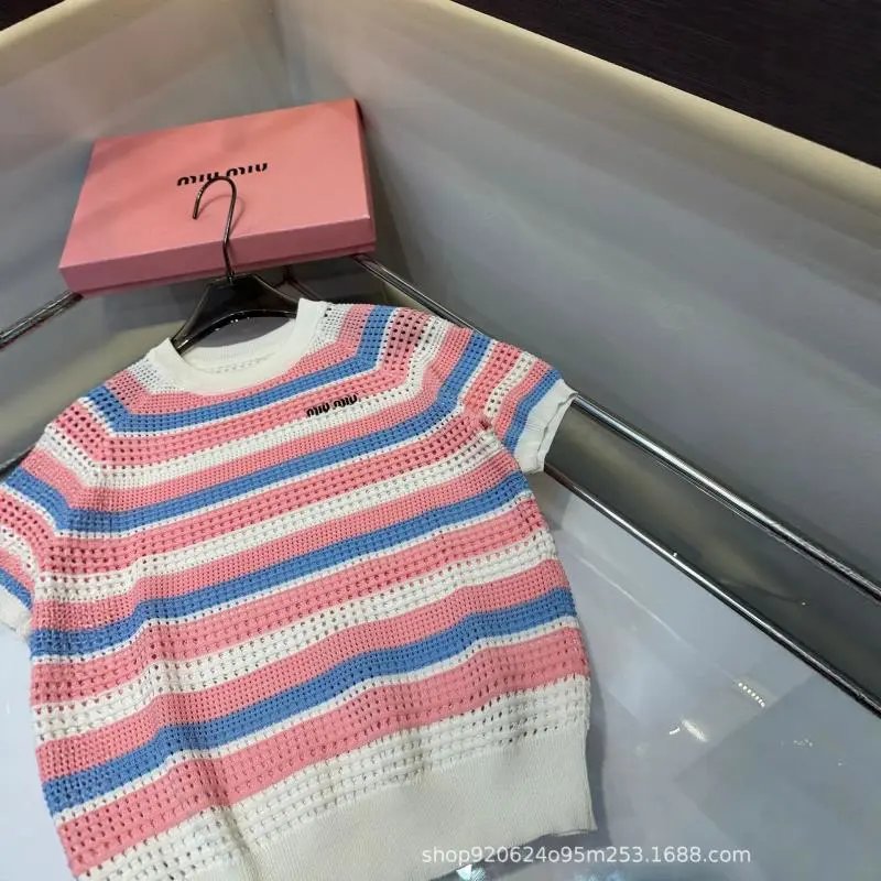 Miu Miu Striped Pink Blue White Crochet Knit Short Sleeve Top