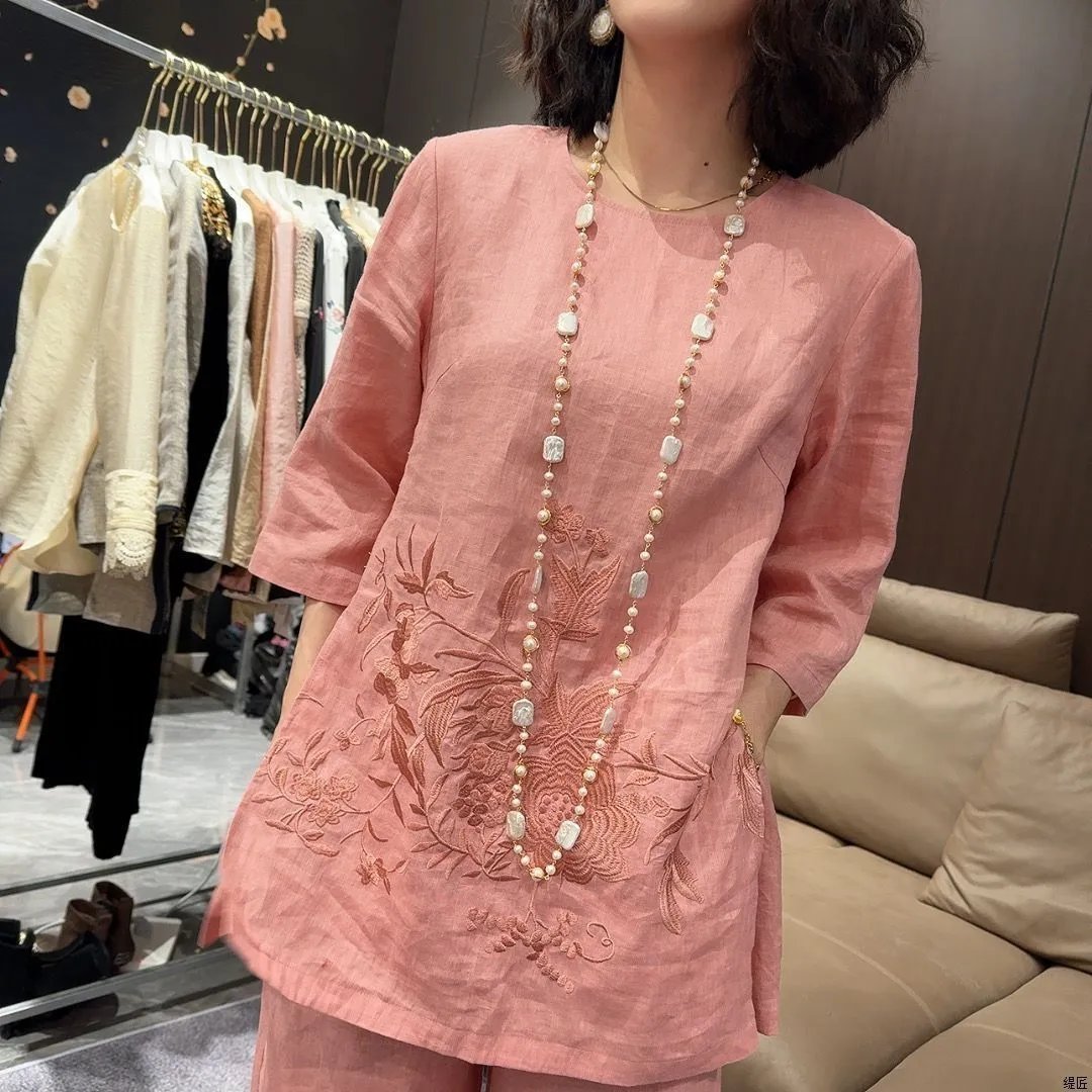 Design Embroidered Linen Set Pink Two-Piece Outfit - 5
