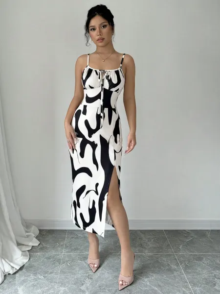 Design Abstract Print Slit Midi Dress in Black and White - 10