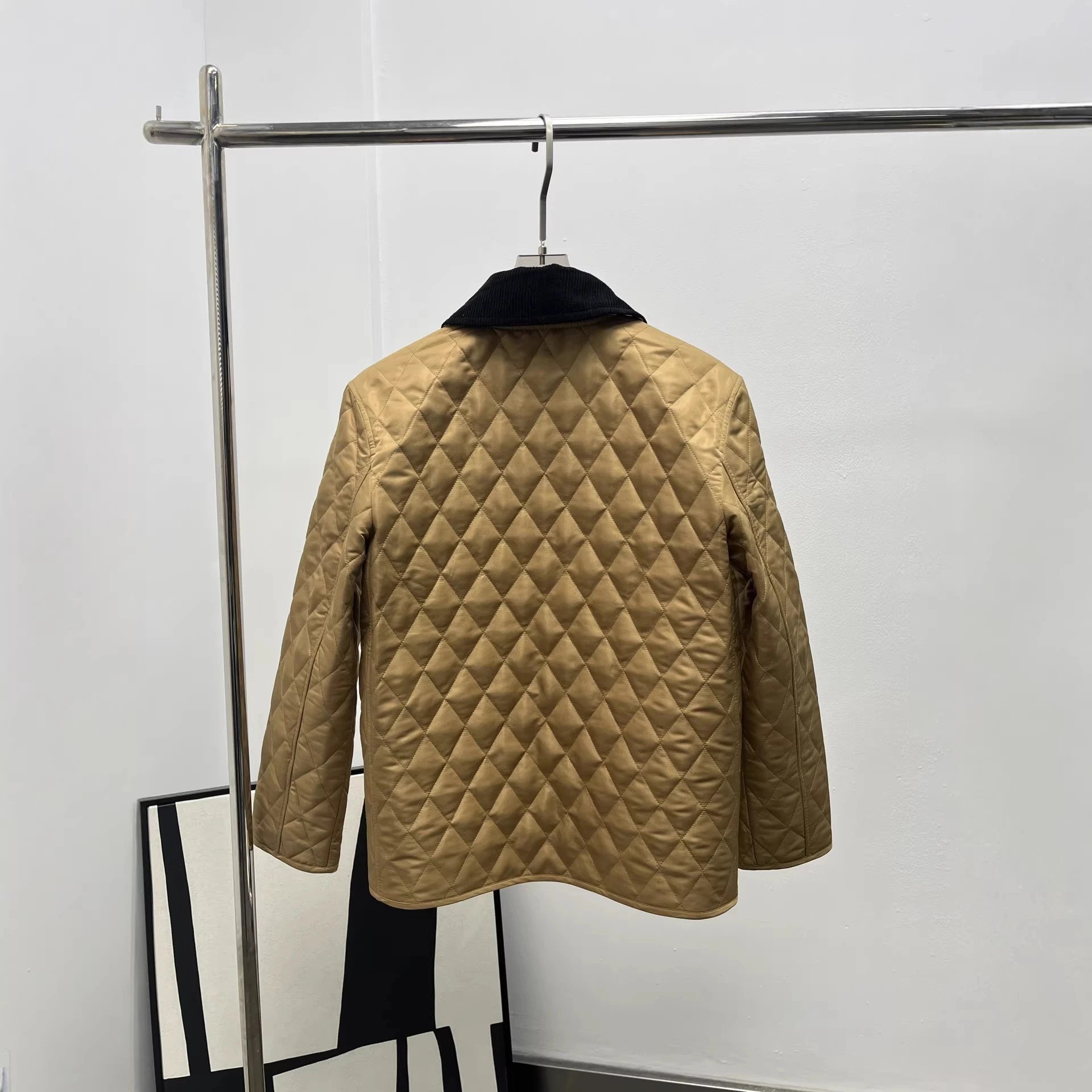 Quilted Short Jacket Camel Button-Up Military Style