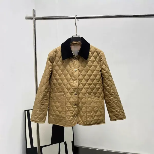 Design Quilted Jacket with Corduroy Collar Beige Outerwear - 2