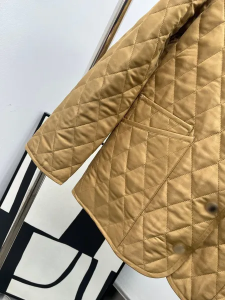 Design Quilted Jacket with Corduroy Collar Beige Outerwear - 14