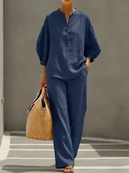 Design Linen Blend Henley Top and Wide-Leg Pants Set Brown - 9