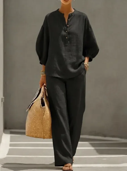 Design Linen Blend Henley Top and Wide-Leg Pants Set Brown - 7