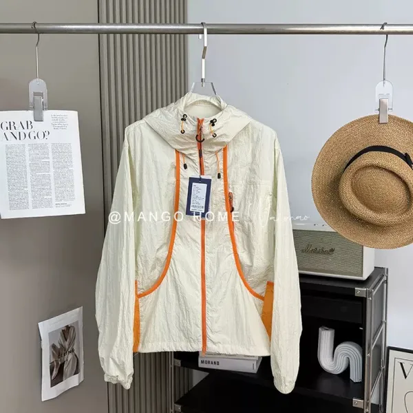 Design Lightweight Hooded Windbreaker Beige with Orange Trim Outerwear - 7