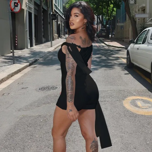 Design Asymmetrical One-Shoulder Top and Wrap Shorts Set Black - 7
