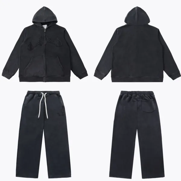 Design Suede-Effect Hoodie and Sweatpants Set Black - 1