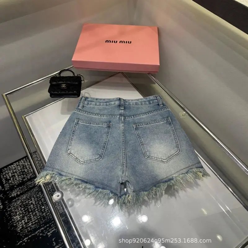 Miu Miu Denim Shorts Light Blue Embellished Frayed Hem