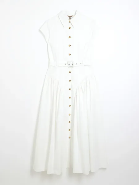 Bottega Veneta Shirt Dress in Off-White with Gold Buttons and Woven Clutch - 12