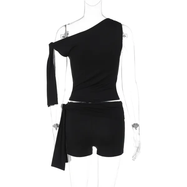 Design Asymmetrical One-Shoulder Top and Wrap Shorts Set Black - 26