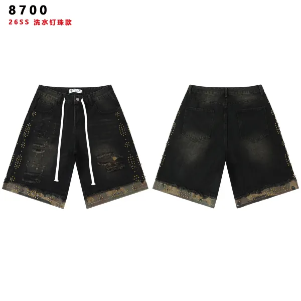 Design 8700 Washed Denim Shorts with Rivets and Camo Hem - 9