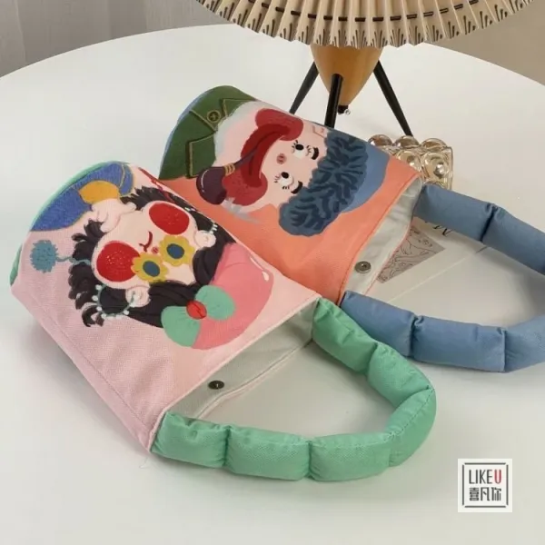 Design Cartoon Character Bucket Bag Blue Peach Multicolor - 17