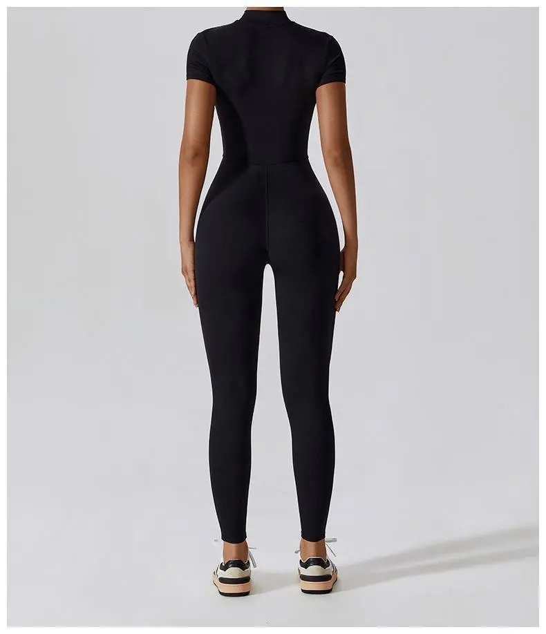 Design Black Zip-Front High-Neck Bodysuit with Short Sleeves Activewear - 23