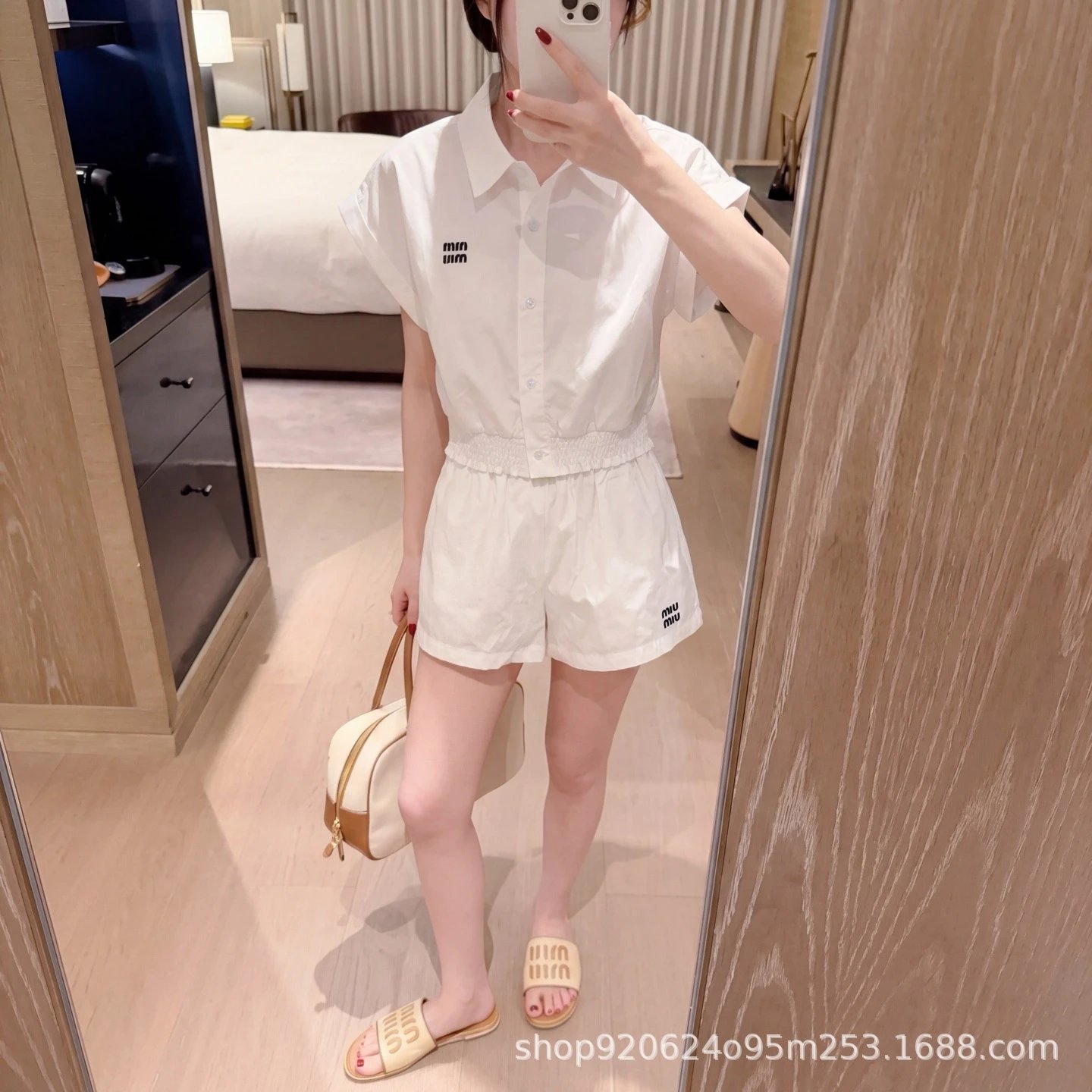 Miu Miu Logo-Embroidered White Shirt and Shorts Set - 10