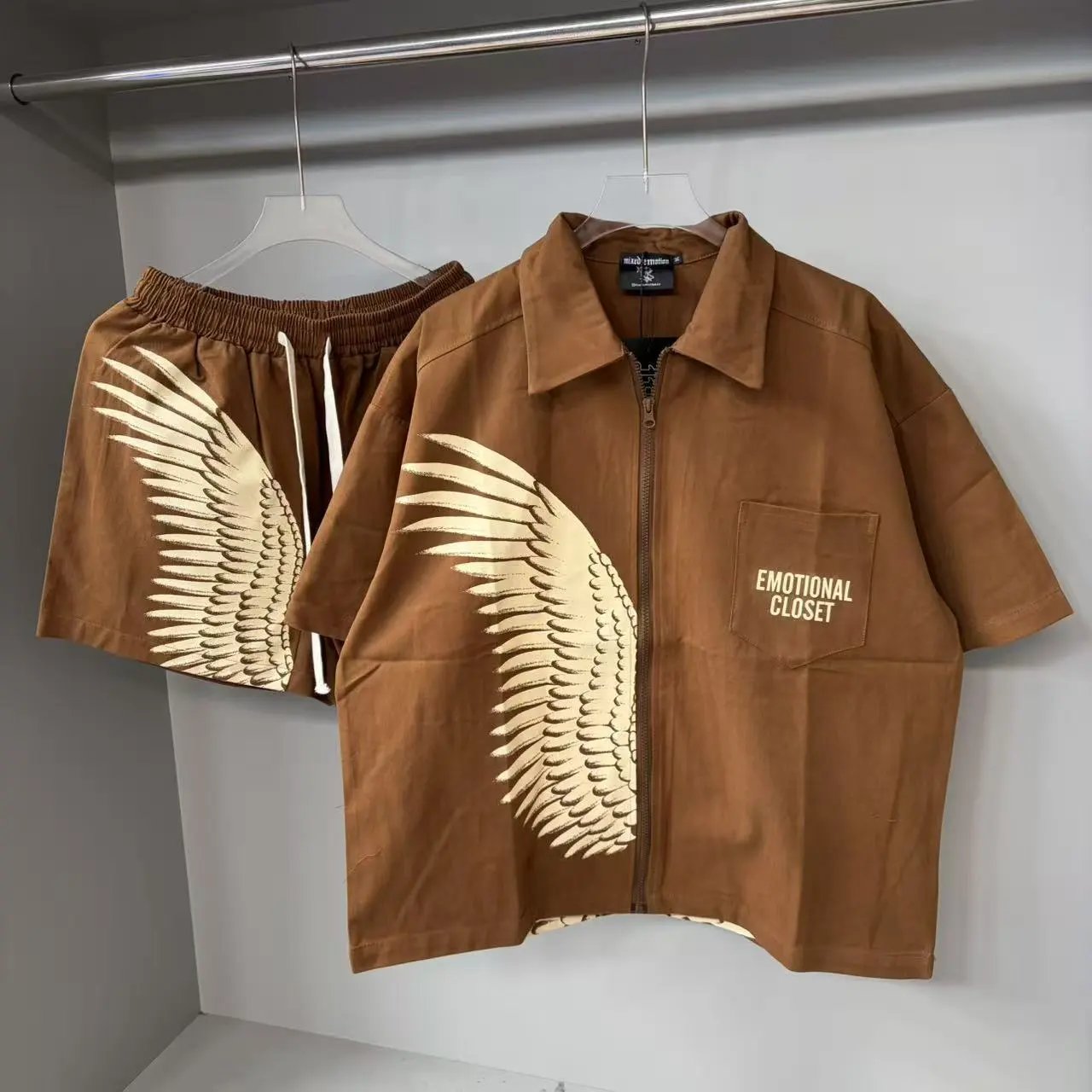 Emotional Closet Wing Print Brown Gray Short Sleeve Shirt And Shorts Set