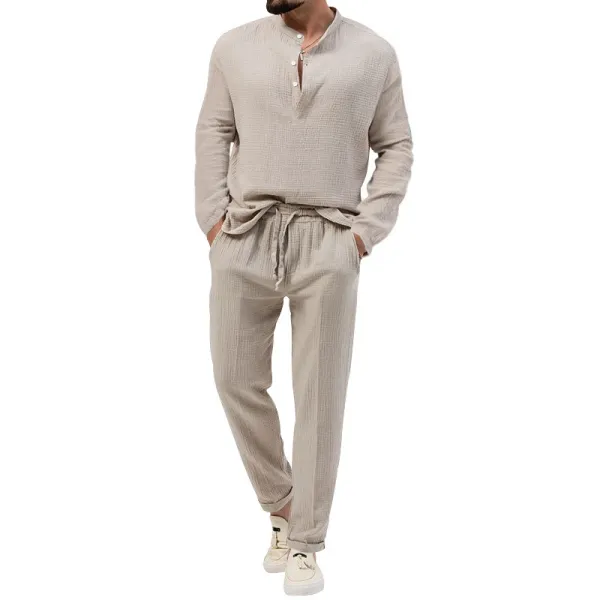 Design Linen-Blend Henley Set Beige Casual Set - 30