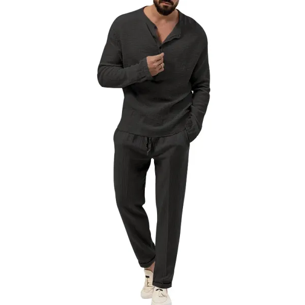 Design Linen-Blend Henley Set Beige Casual Set - 16