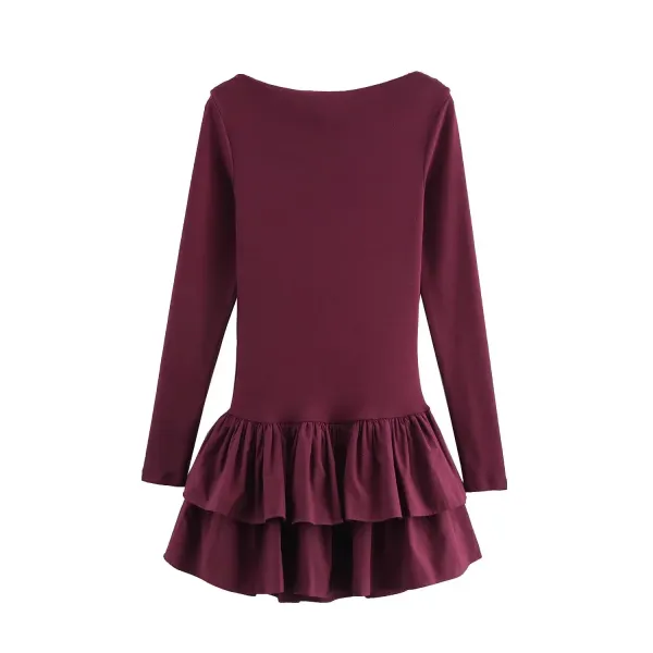 Design Ruffled Hem Long Sleeve Dress Red - 16