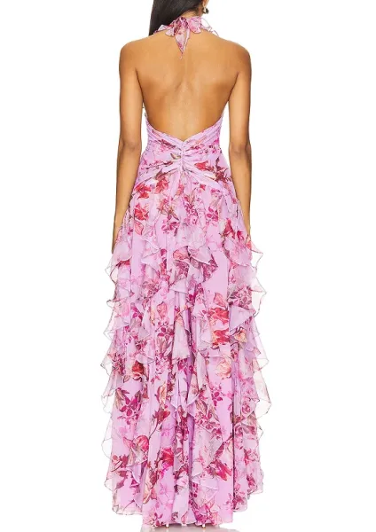 Design Floral Ruffle Halter Gown Lilac Pink Dress - 10