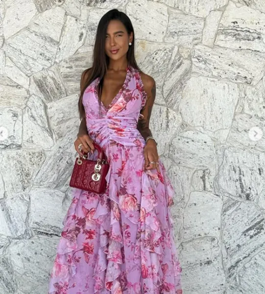 Design Floral Ruffle Halter Gown Lilac Pink Dress - 20