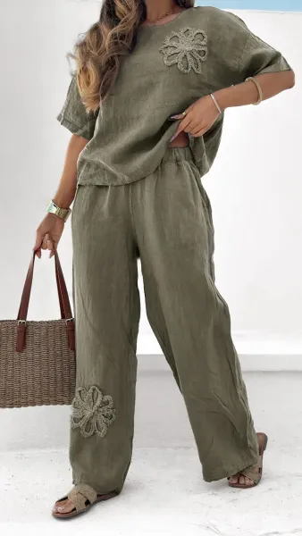 Design Floral Embroidered Linen Set Beige Casual Set - 5