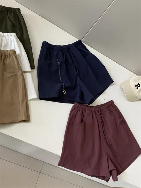 Design Linen Blend Drawstring Waist Shorts White - 6