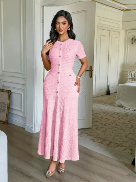 Design White Tweed-Style Button-Front Midi Dress with Gold Hardware Dress - 14