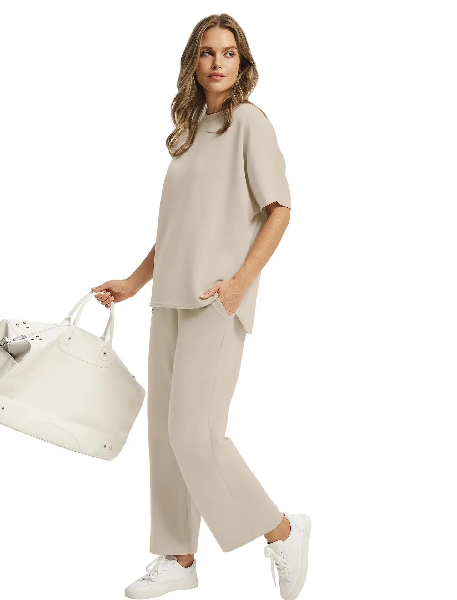 Design Relaxed Fit Cropped T-Shirt and Wide-Leg Pants Set Olive - 6