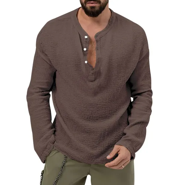 Design Linen-Blend Henley Set Beige Casual Set - 37