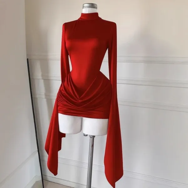 Design High-Neck Ruched Back Red Mini Dress - 7