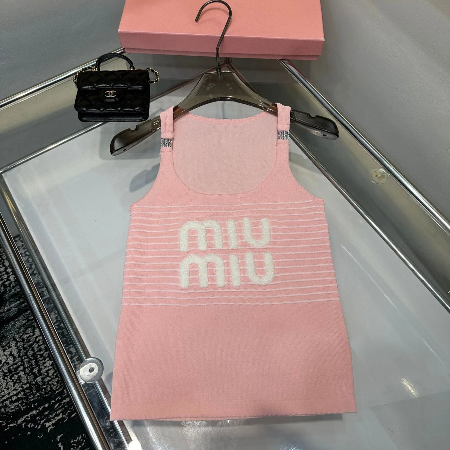 Miu Miu White Pink Striped Logo Knit Tank Top