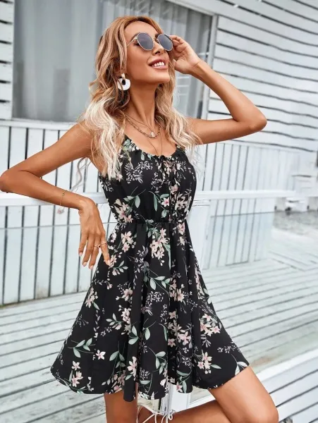 Design Floral Print Tie-Neck Midi Dress - 12