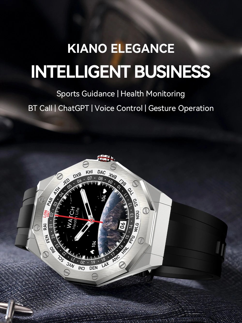 Design Octagonal Smartwatch Black and Brown Leather Strap Smartwatch - 2