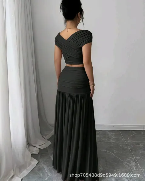 Design Off-Shoulder Draped Crop Top and Pleated Maxi Skirt Set Beige - 8