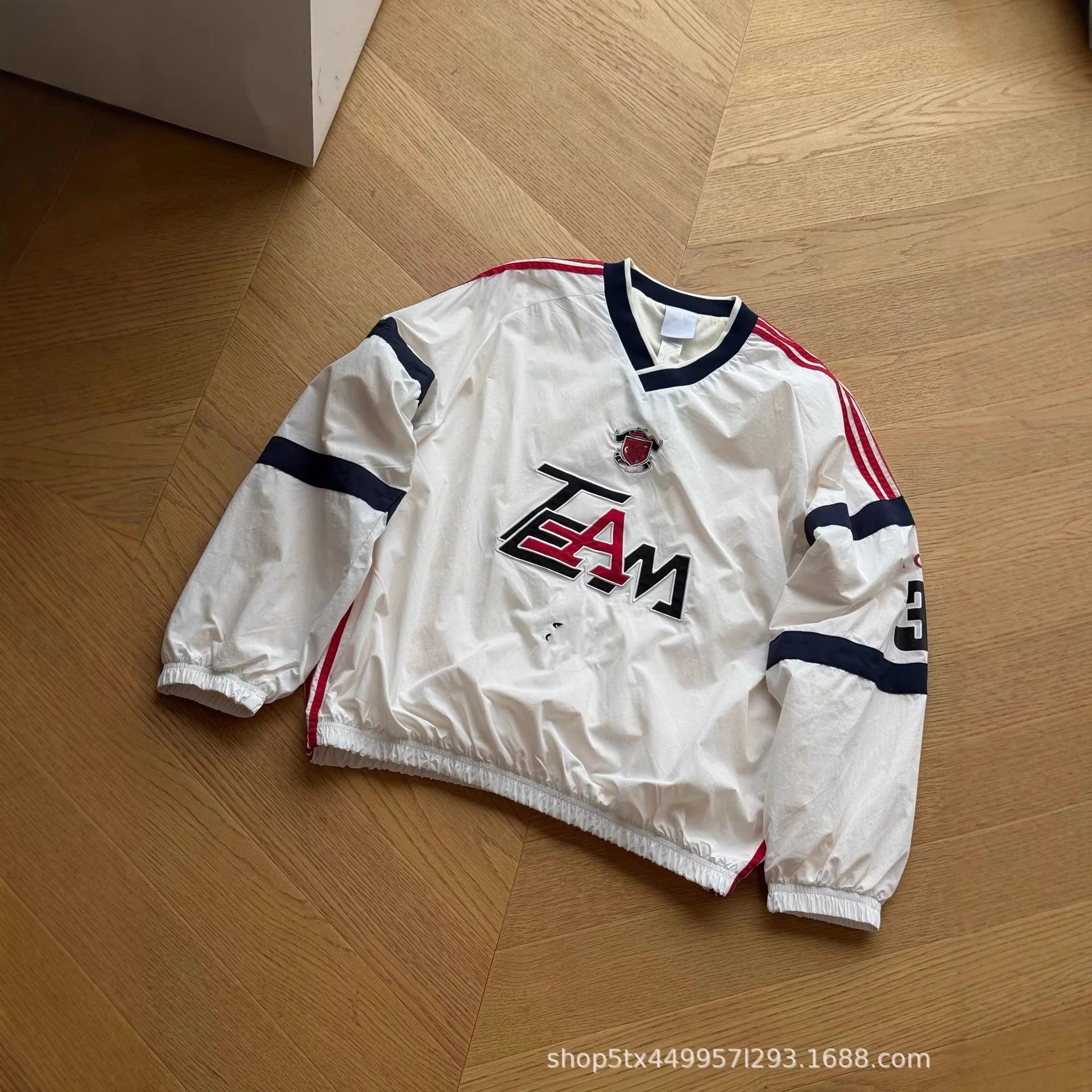 White Team Logo Sport Jacket With Red And Navy Stripes