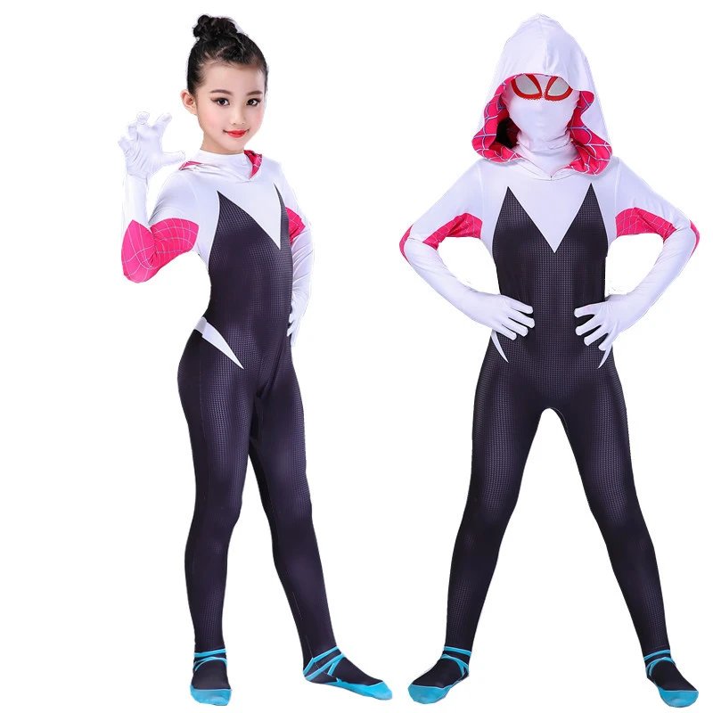 Design Spider-Gwen Inspired Full-Body Zentai Suit Purple Pink White Cosplay Costume Clothing - 5